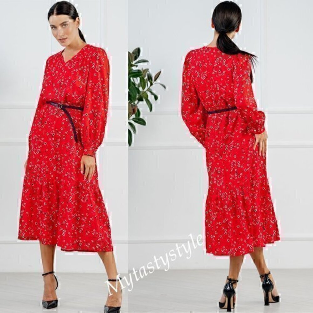 NWT Red Floral Romantic Boho Ruffled Cotton Midi Dress Size M